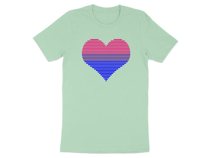 Bisexual pride heart flag design on a pale green t-shirt.