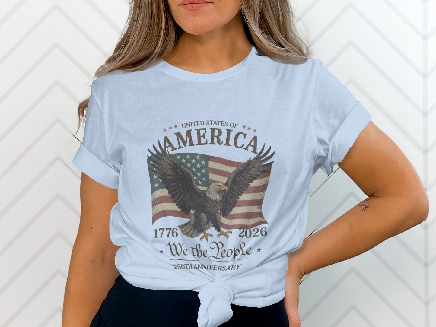 White t-shirt with eagle and "250TH ANNIVERSARY" text.