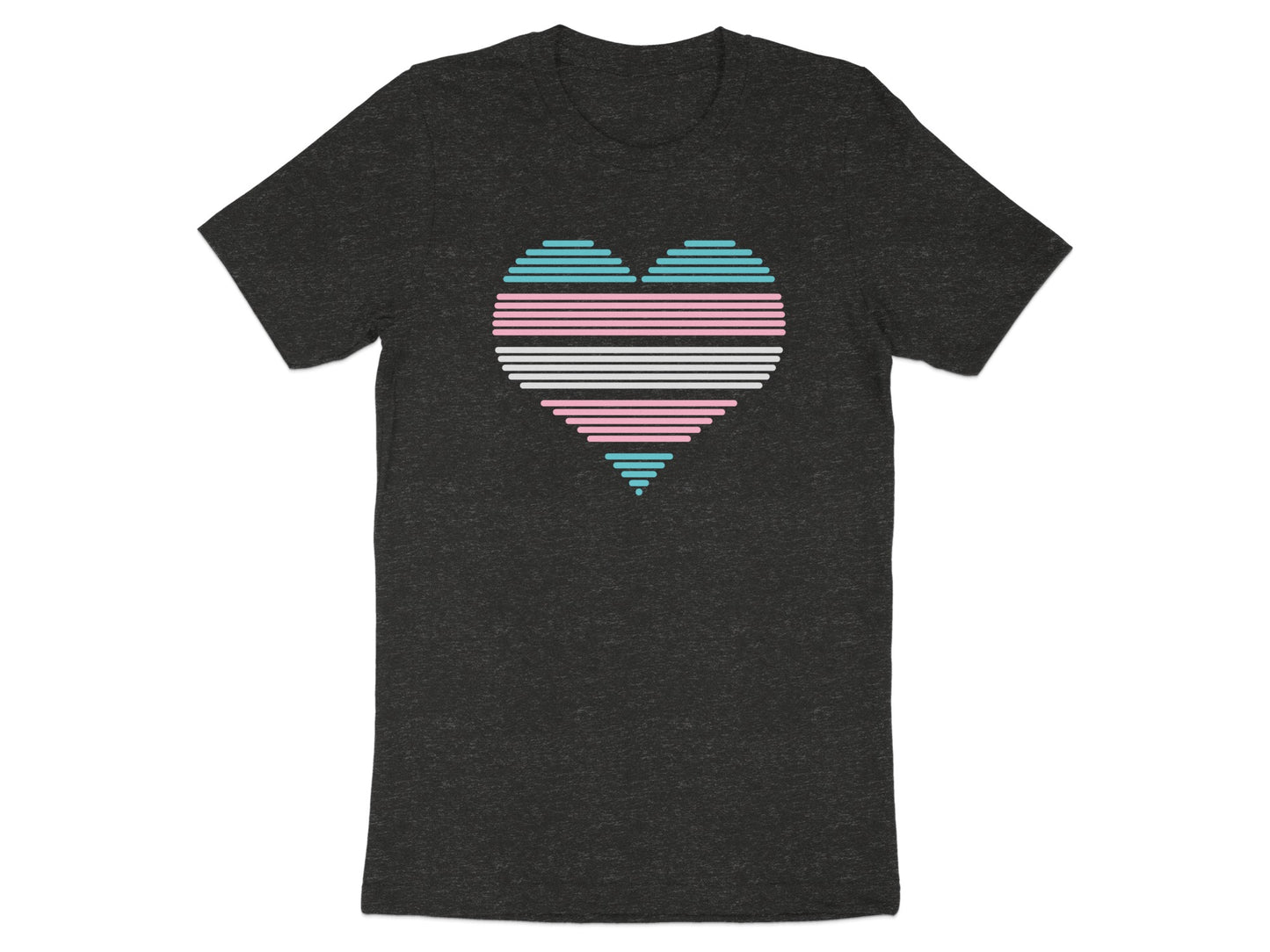 Dark t-shirt with a horizontally striped transgender pride flag heart graphic.