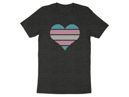 Dark t-shirt with a horizontally striped transgender pride flag heart graphic.