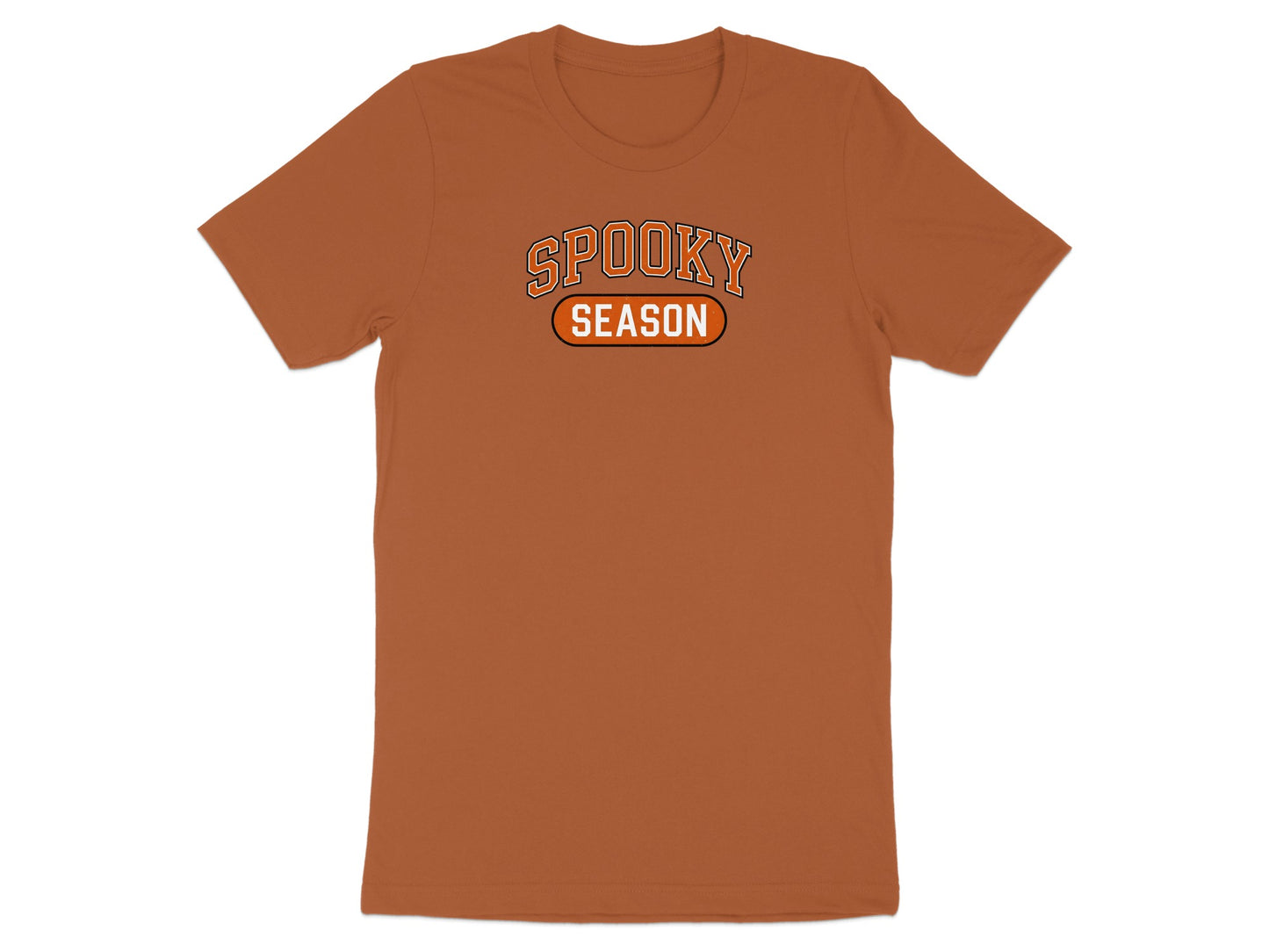Orange t-shirt with "Spooky Season" text graphic