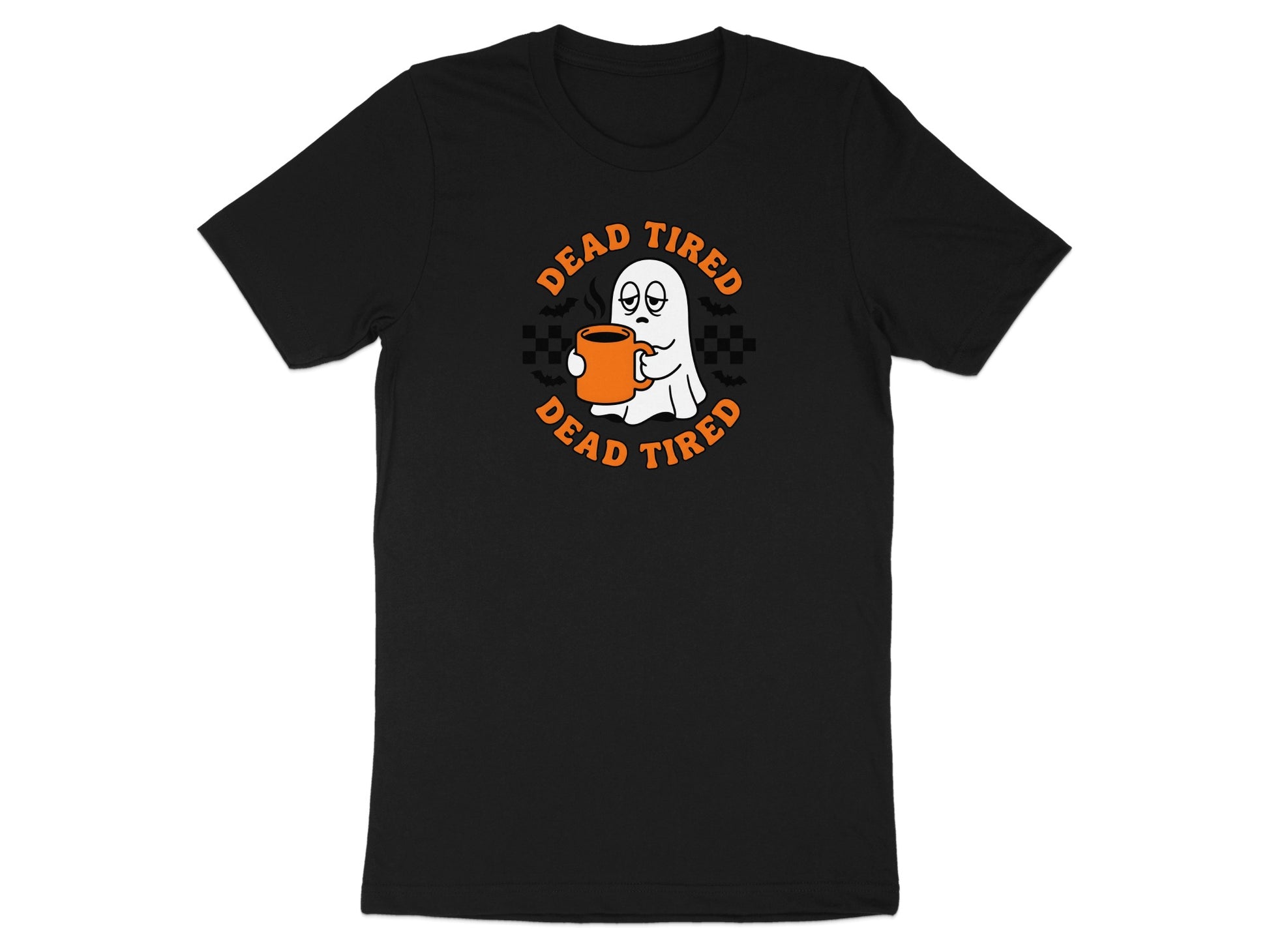 Black t-shirt with a ghost holding coffee and text that reads "DEAD TIRED."
