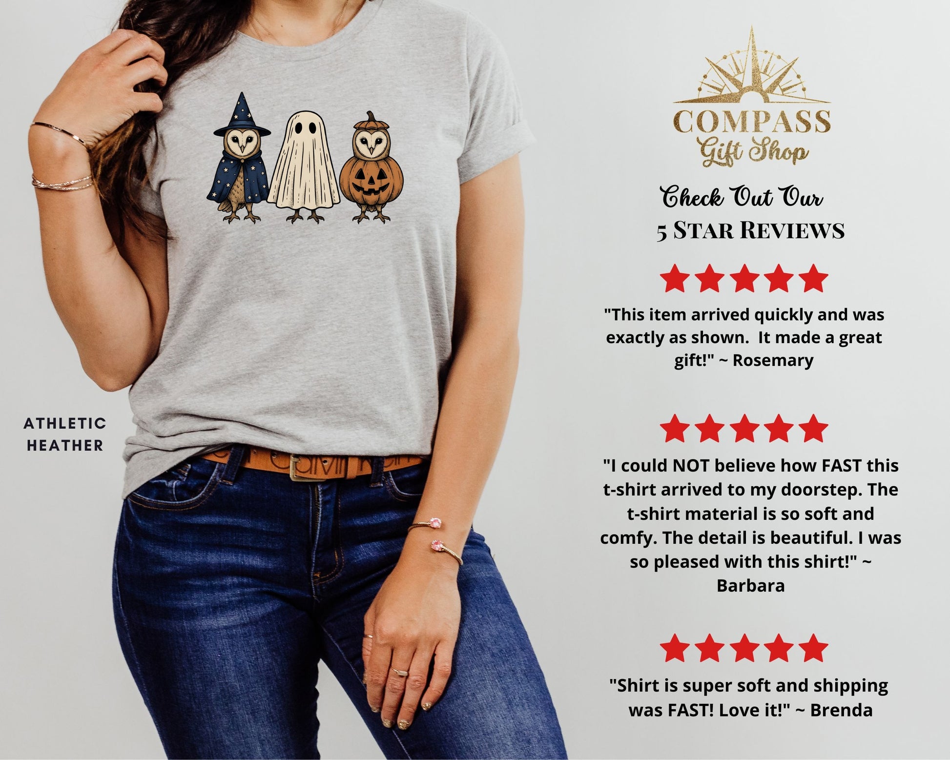 Grey t-shirt with owl in witch hat, ghost, and pumpkin owl graphics.