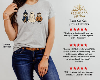 Grey t-shirt with owl in witch hat, ghost, and pumpkin owl graphics.