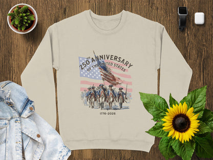 Lightweight sweatshirt with patriotic 250th Anniversary design featuring soldiers.
