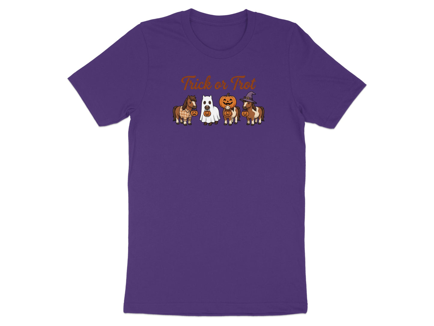 Purple t-shirt with "Trick or Trot" text and Halloween-themed ponies.