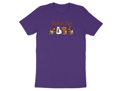 Purple t-shirt with "Trick or Trot" text and Halloween-themed ponies.