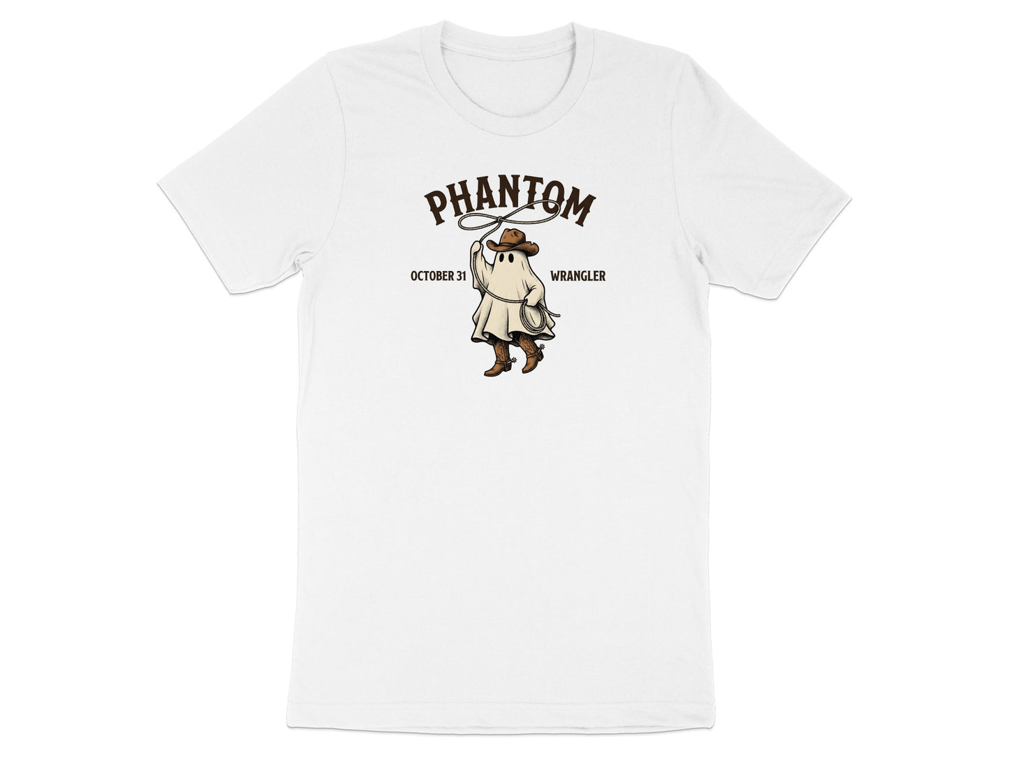 White t-shirt with "Phantom Wrangler October 31" graphic of a ghost in cowboy hat with lasso.