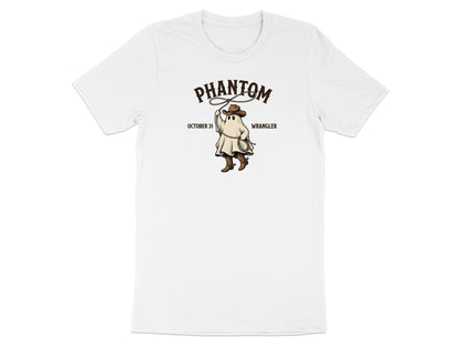 White t-shirt with "Phantom Wrangler October 31" graphic of a ghost in cowboy hat with lasso.