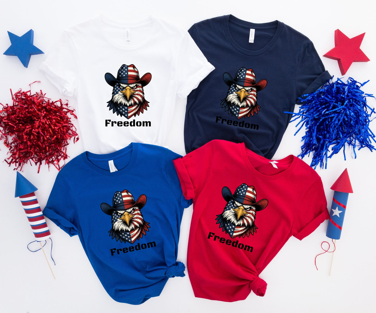 Four t-shirts with patriotic eagle graphic and "Freedom" text.