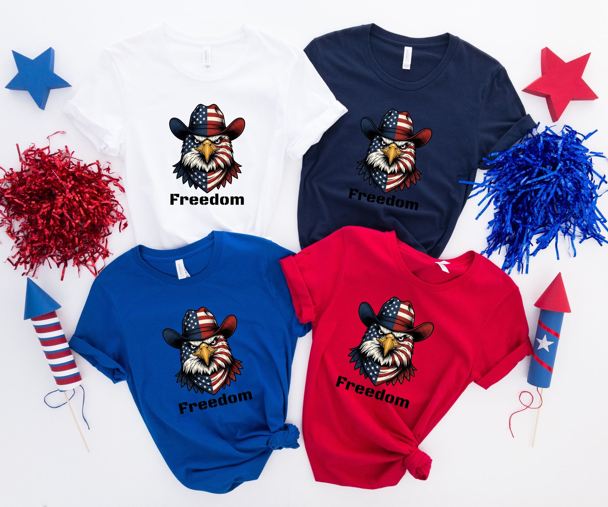 Four t-shirts with patriotic eagle graphic and "Freedom" text.