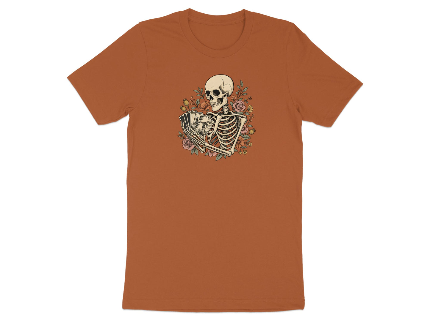Skeleton holding playing cards surrounded by flowers on a copper t-shirt.