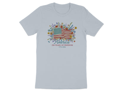 Light blue t-shirt with "America 250 Years of Freedom 1776-2026" and floral American flag.
