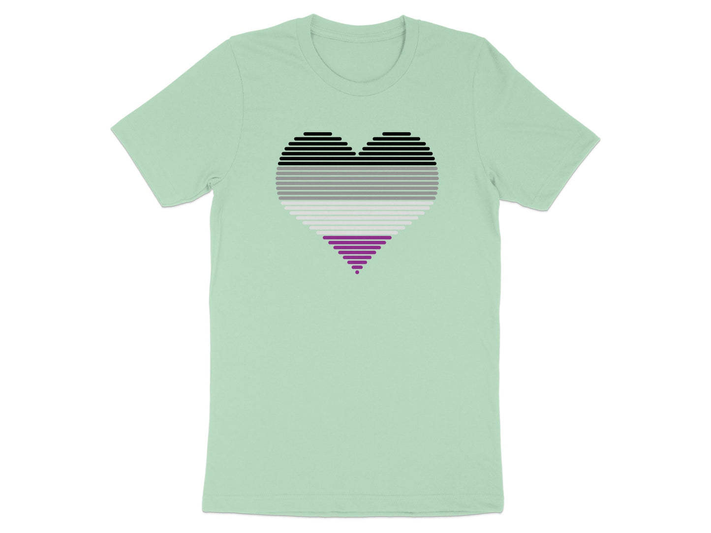 Asexual pride heart graphic on a light green t-shirt.