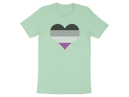 Asexual pride heart graphic on a light green t-shirt.