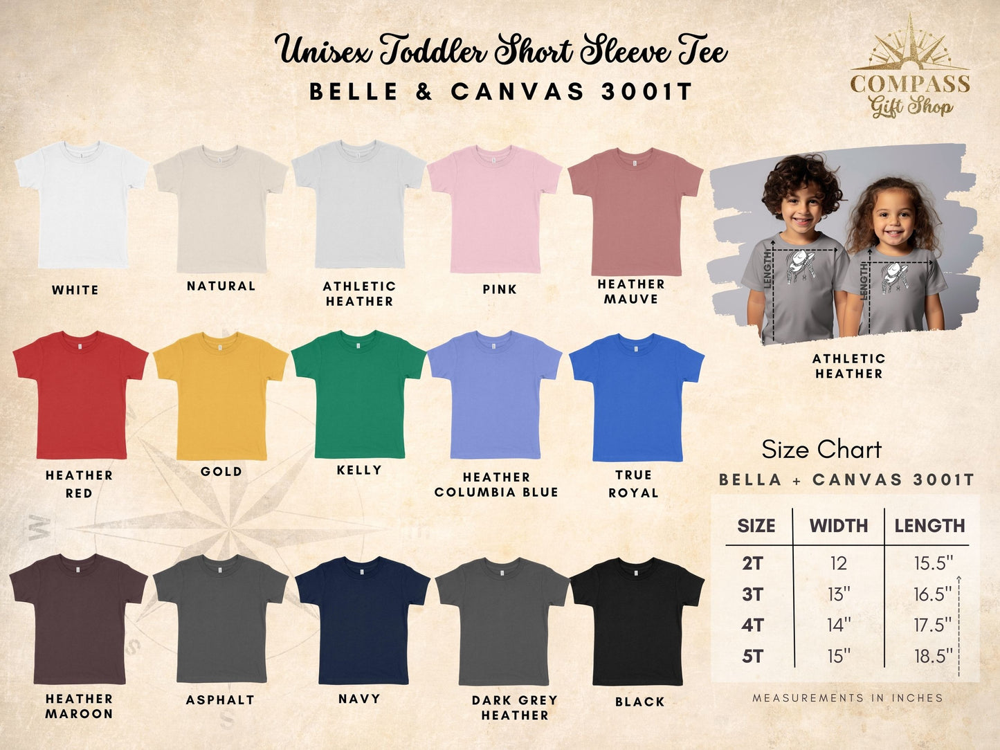Unisex toddler short sleeve tee color options with size chart.