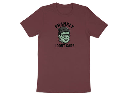 Maroon t-shirt with Frankenstein's monster graphic and text "Frankly I Dont Care".