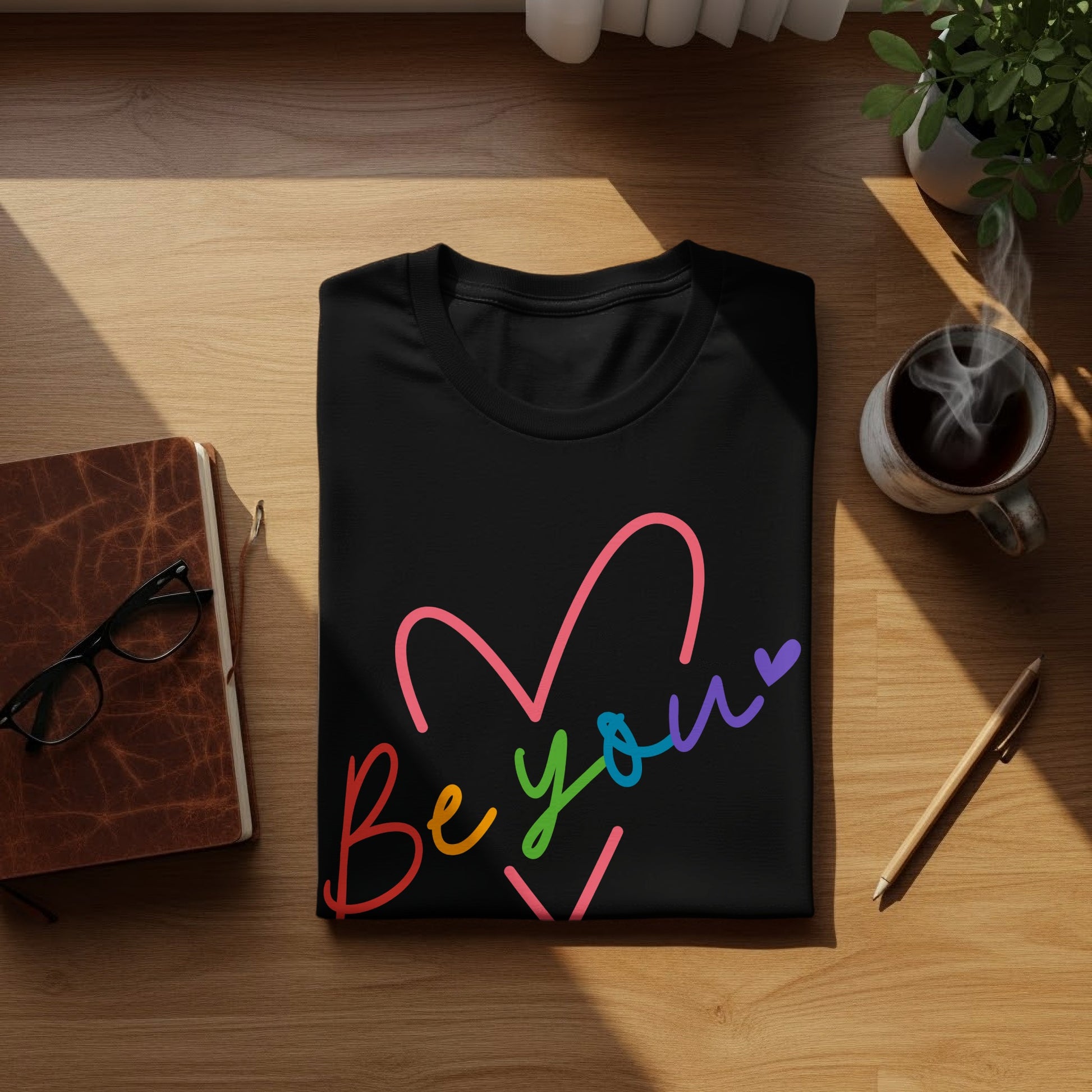 Black t-shirt with rainbow "be you" text and heart graphic.