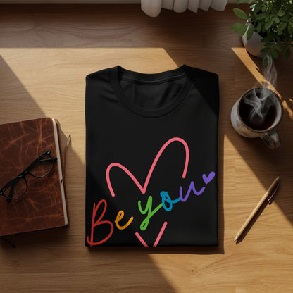 Black t-shirt with rainbow "be you" text and heart graphic.