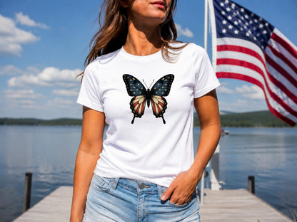 Woman in white t-shirt with American flag butterfly graphic.