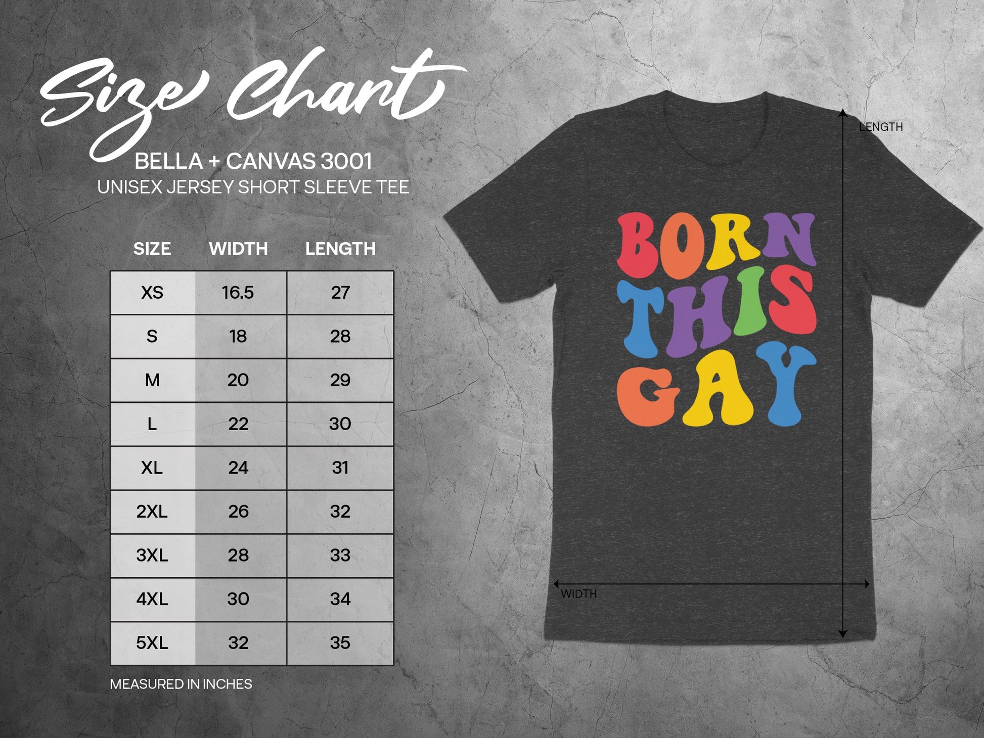 Size chart for Bella + Canvas 3001 t-shirt, with "BORN THIS GAY" text.