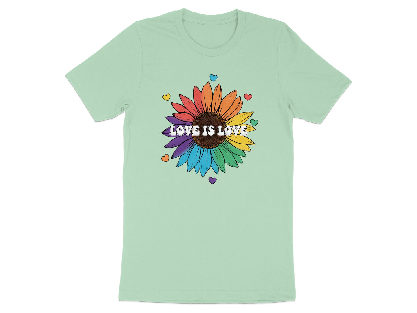 Mint t-shirt with a rainbow sunflower and "Love is Love" text.