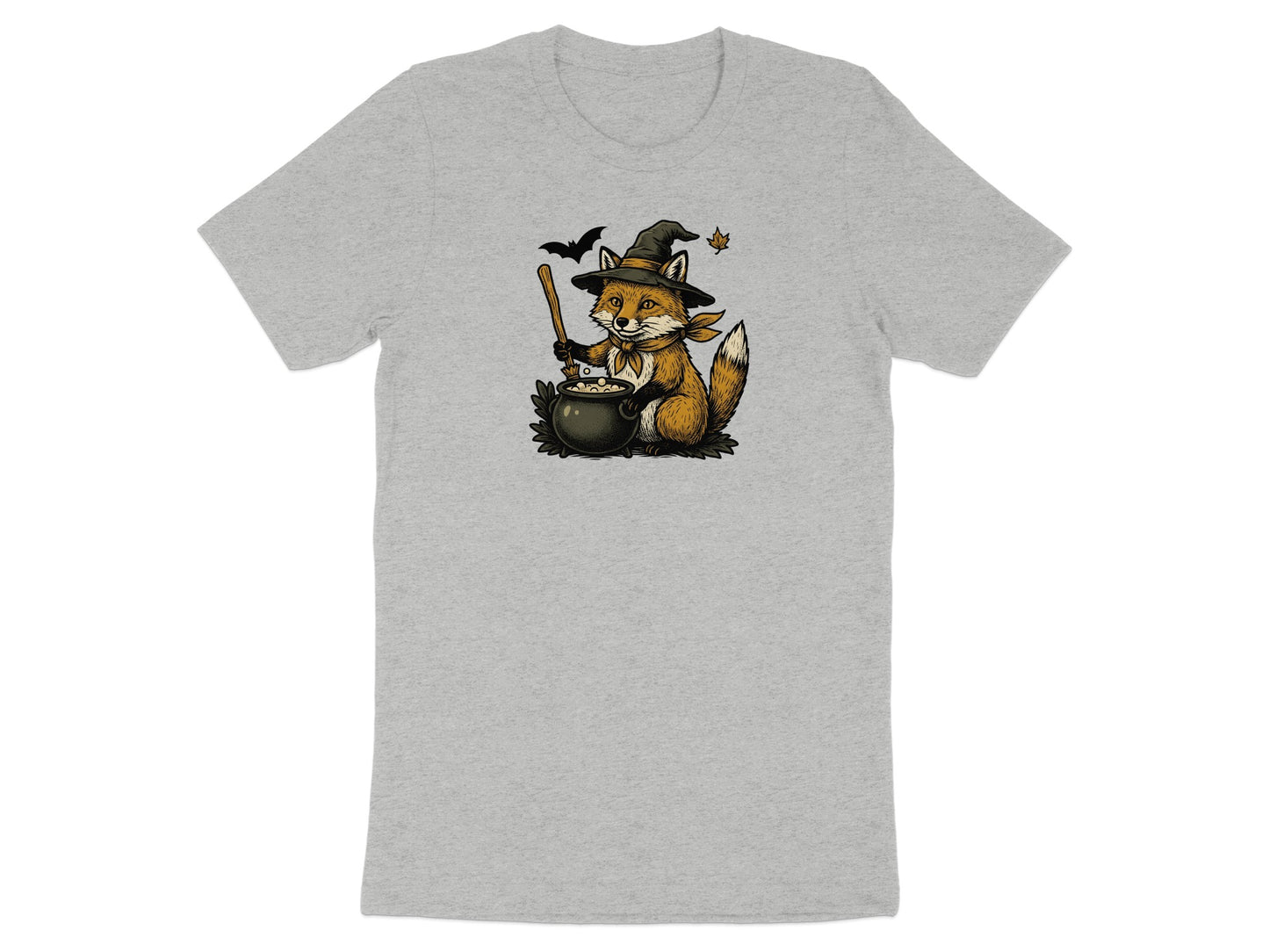 Witch fox stirring cauldron with bat and leaf on grey t-shirt.