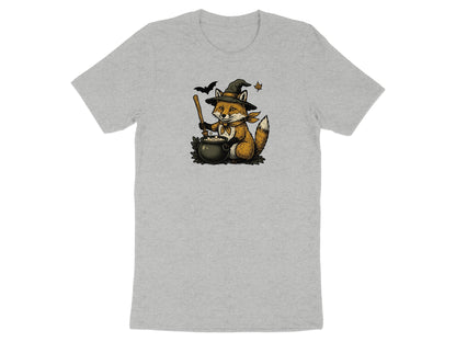 Witch fox stirring cauldron with bat and leaf on grey t-shirt.