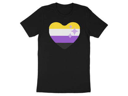 Black t-shirt with a non-binary pride flag heart and sparkling stars.