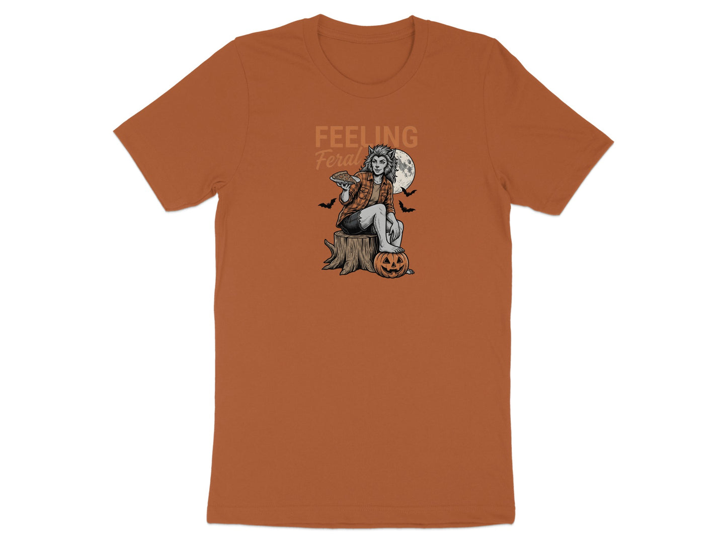 T-shirt graphic with werewolf woman, pizza, pumpkin, and bats, text "Feeling Feral".
