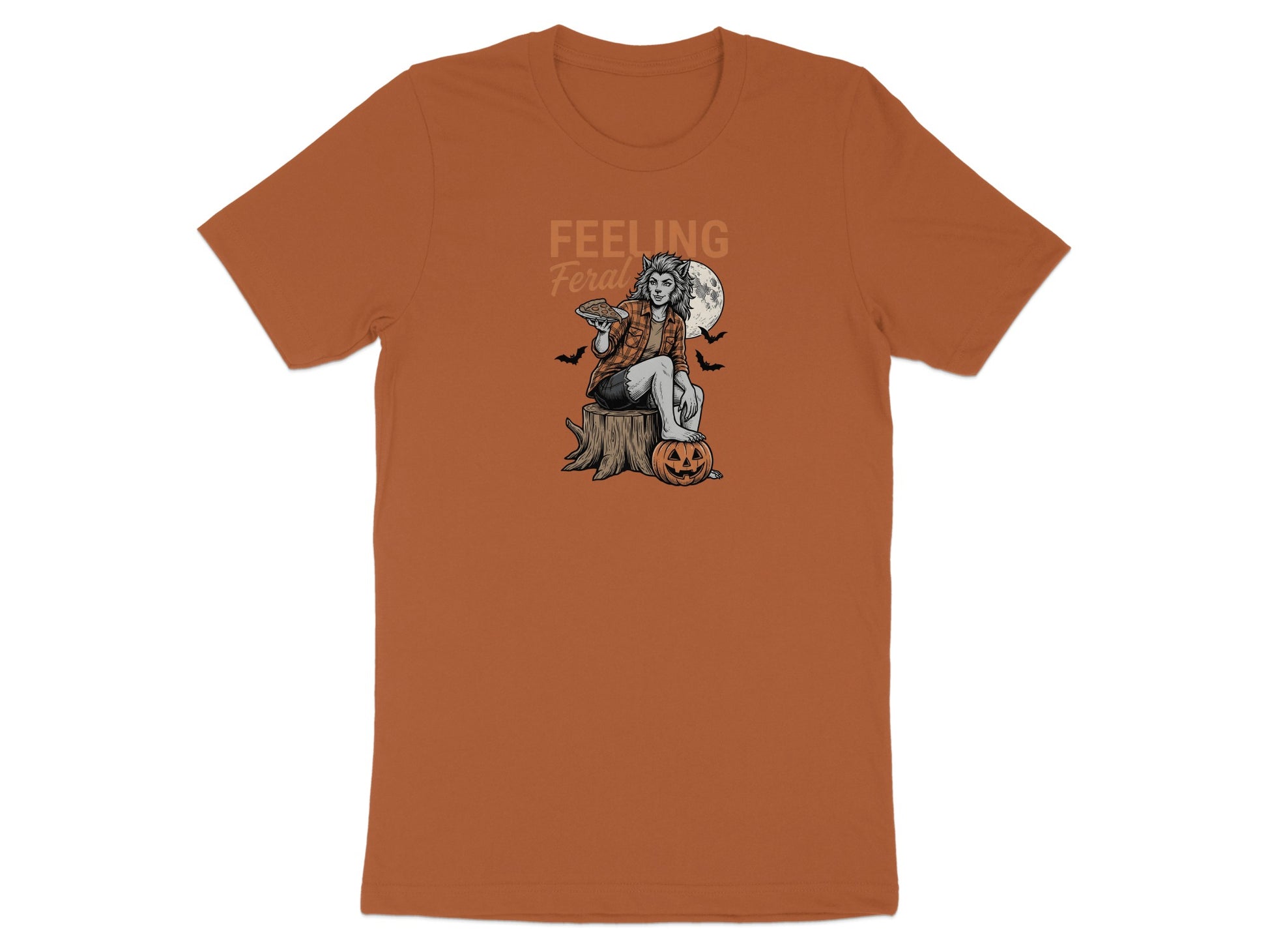 T-shirt graphic with werewolf woman, pizza, pumpkin, and bats, text "Feeling Feral".