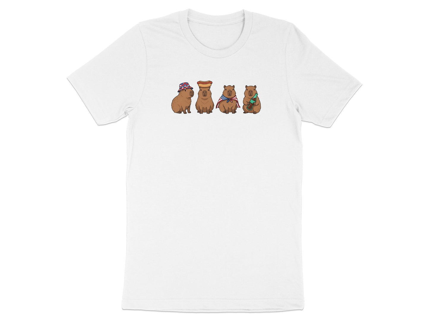 Four capybaras wearing hats and accessories, on a white t-shirt.