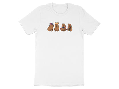 Four capybaras wearing hats and accessories, on a white t-shirt.