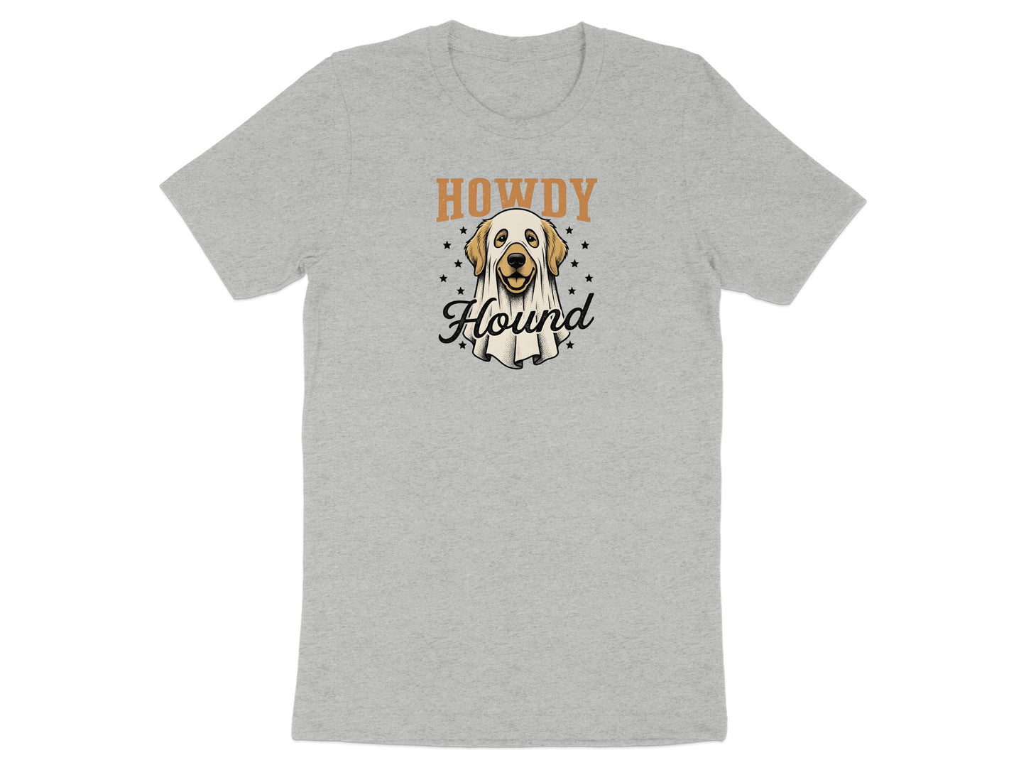 Grey t-shirt with a dog in a ghost costume and "Howdy Hound" text.