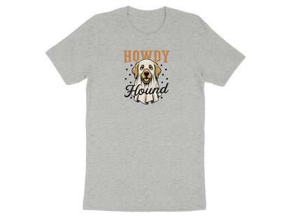Grey t-shirt with a dog in a ghost costume and "Howdy Hound" text.