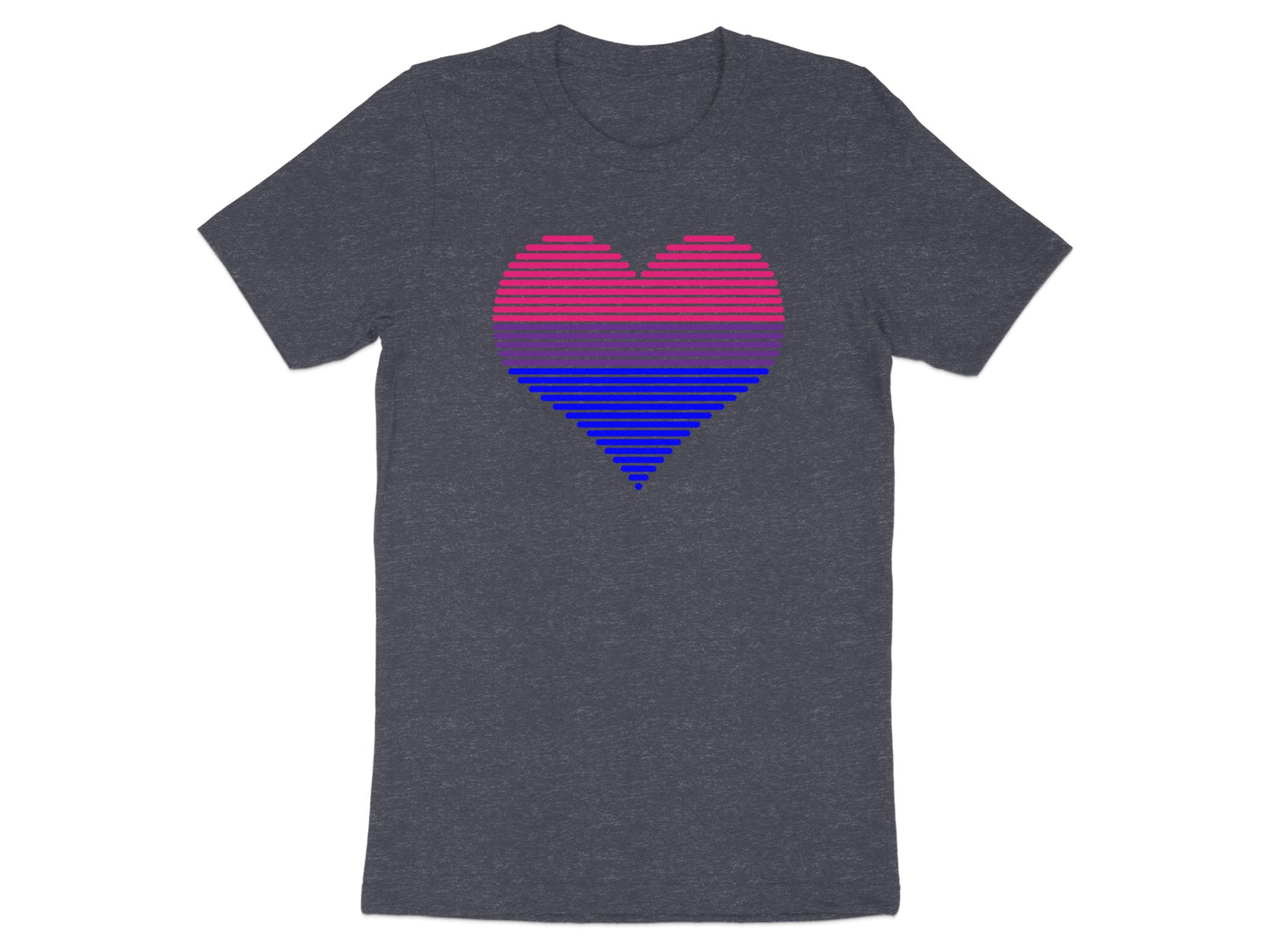 Dark grey t-shirt with a striped heart in bisexual pride colors.