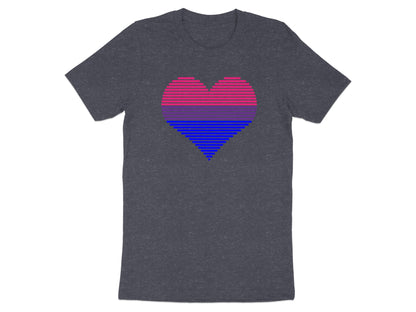 Dark grey t-shirt with a striped heart in bisexual pride colors.