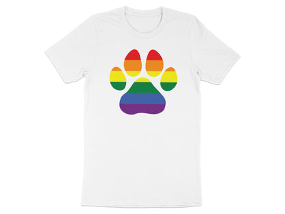 White t-shirt with a rainbow paw print graphic.