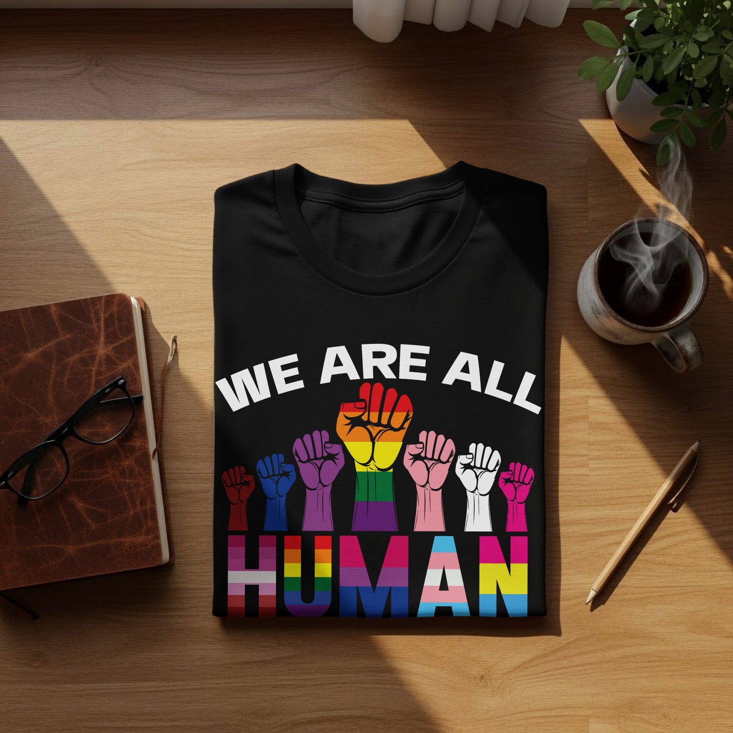Black t-shirt with "We Are All Human" and raised fists in pride flag colors.