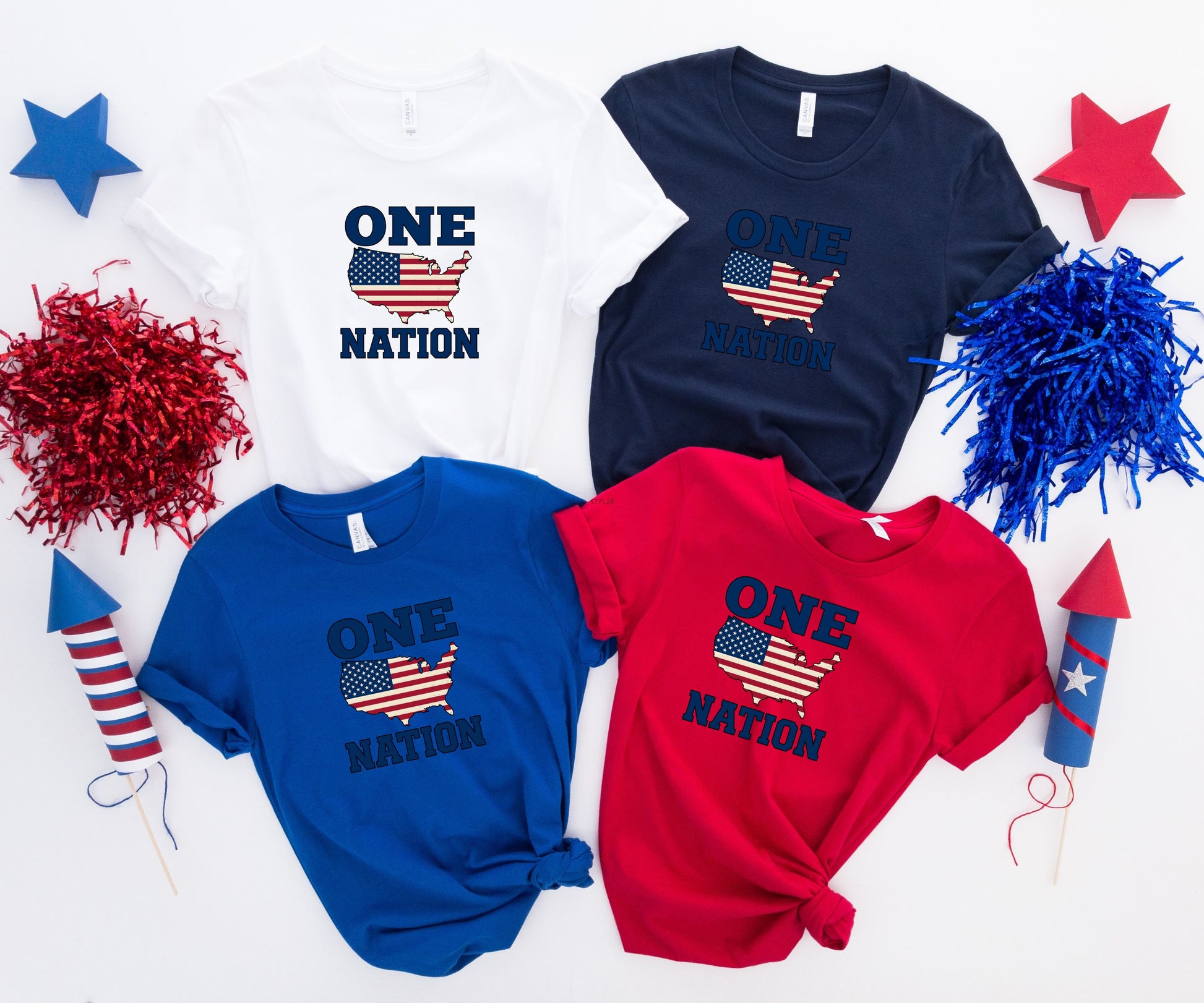 Four t-shirts: white, blue, navy, and red, each with "ONE NATION" and US map graphic.