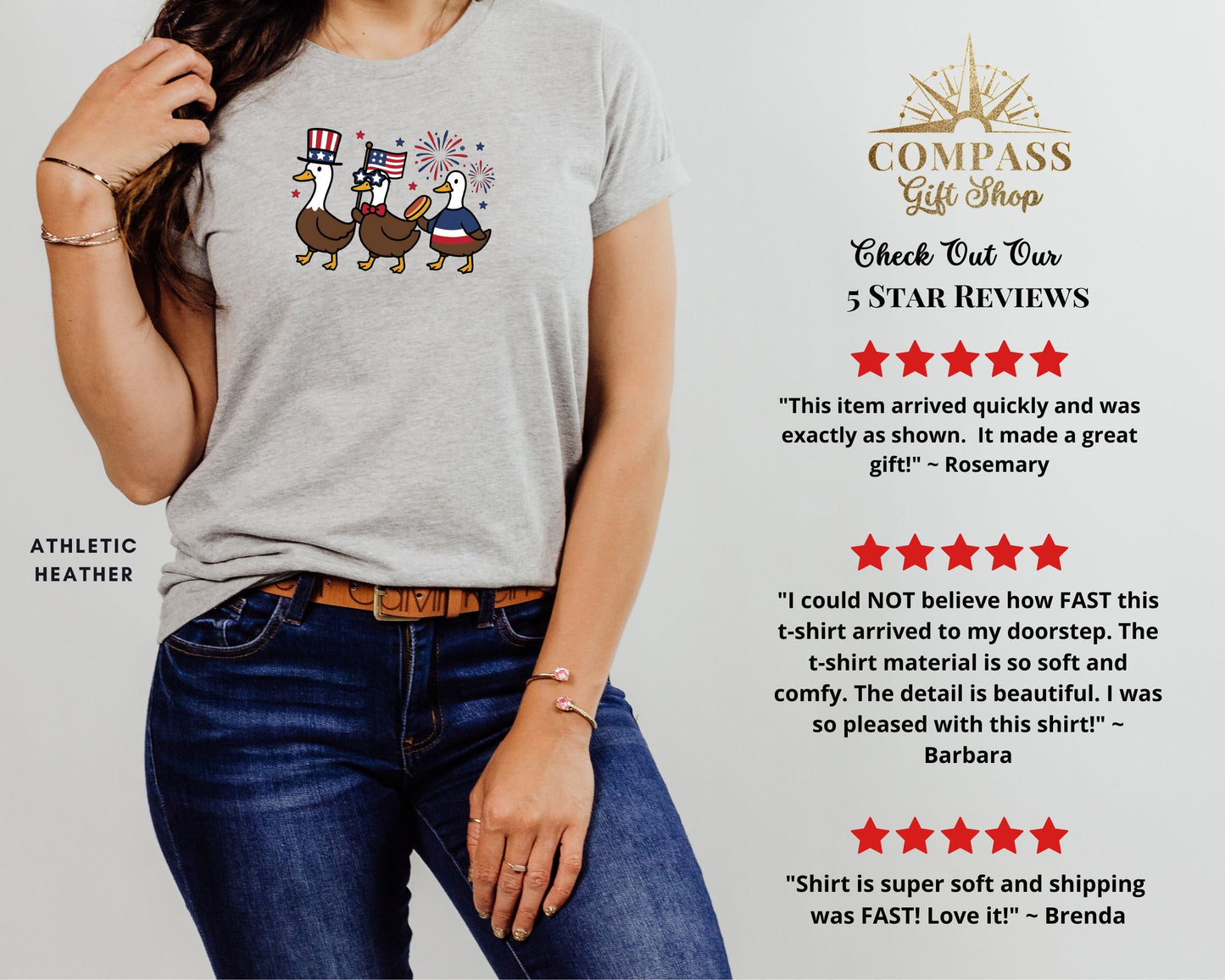 Three cartoon ducks in patriotic hats, on a heather grey t-shirt.