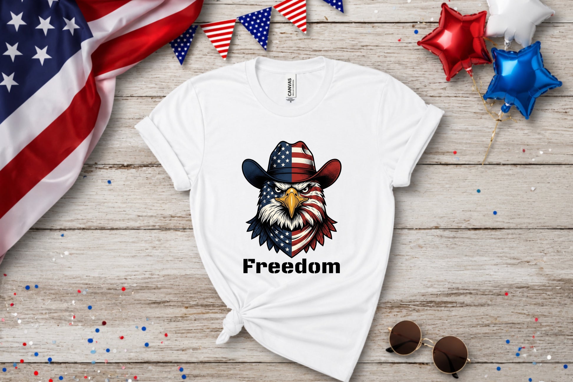 White t-shirt with patriotic eagle wearing cowboy hat, "Freedom" text.