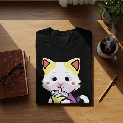 Black t-shirt with cartoon cat drinking from yellow cup.