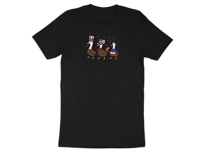 Three cartoon ducks in patriotic American hats and bowties march in a line.