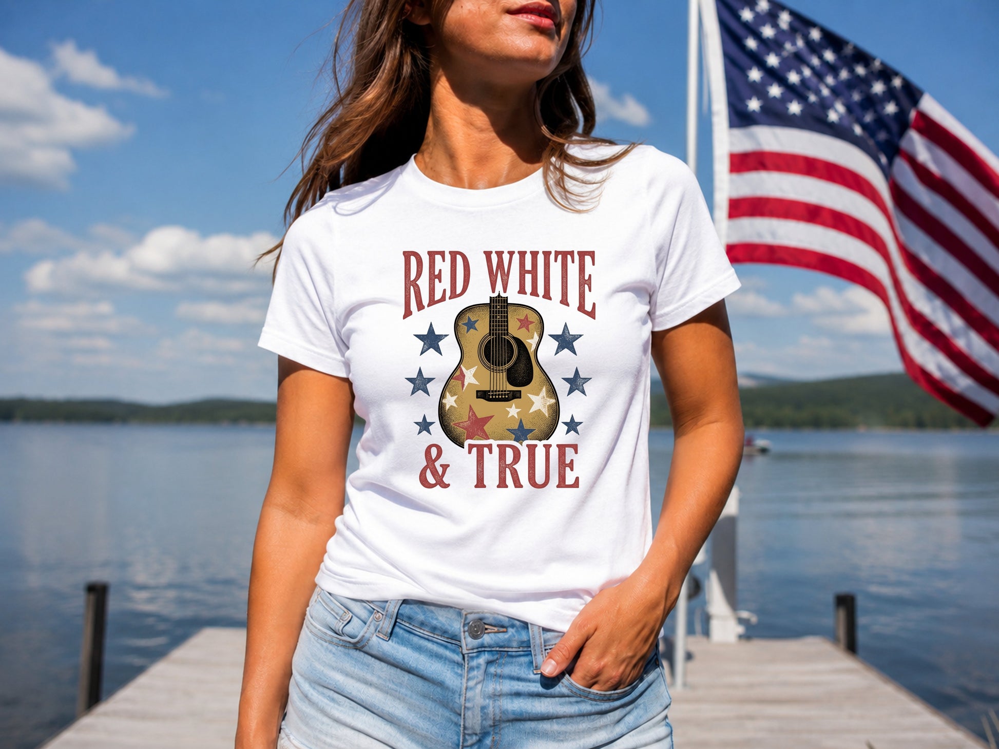 Woman in white t-shirt reading "RED WHITE & TRUE" with guitar graphic.
