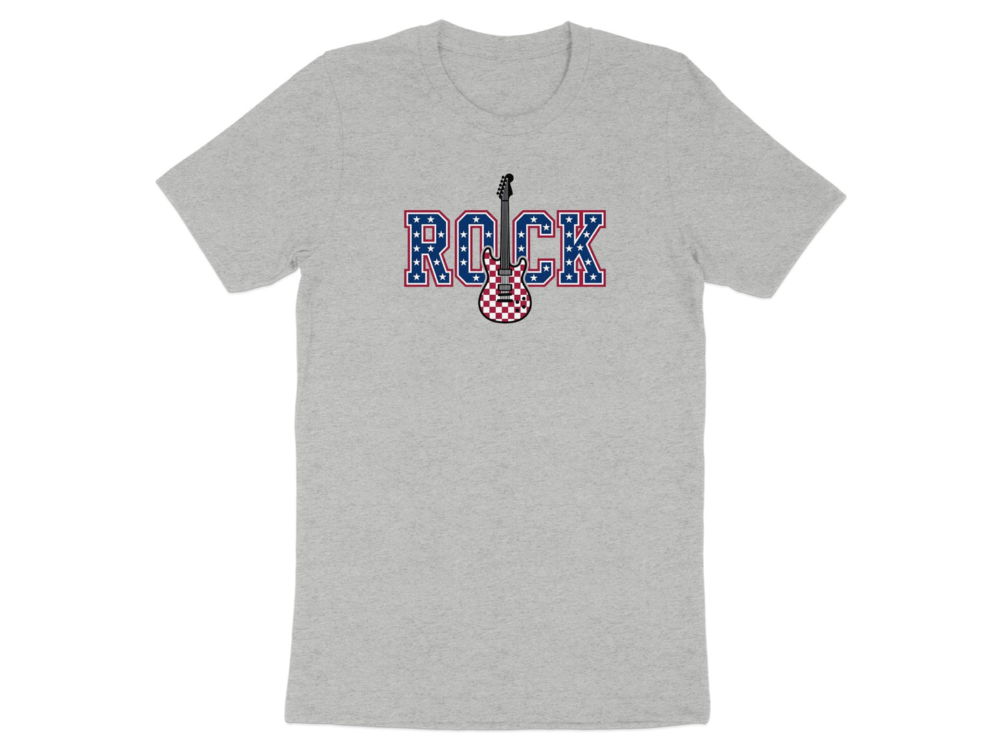 Grey t-shirt with a red, white, and blue checkered guitar and "ROCK" text.