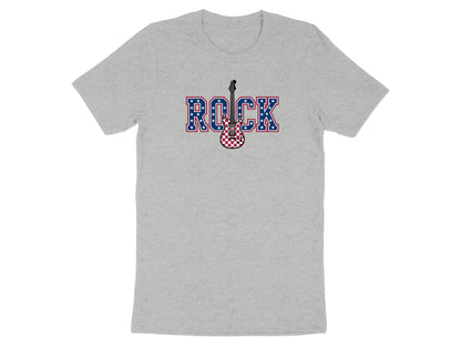 Grey t-shirt with a red, white, and blue checkered guitar and "ROCK" text.