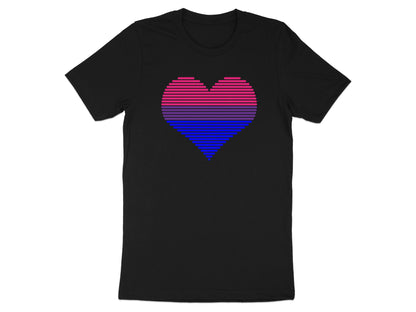 Black t-shirt with a horizontal striped bisexual pride heart graphic.