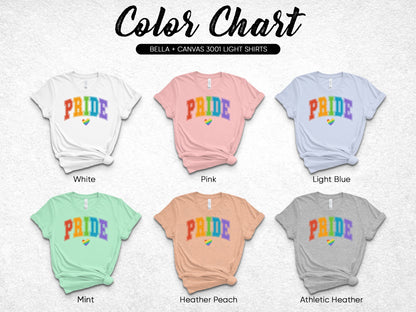 Color chart for Bella + Canvas 3001 Light Shirts showing Pride graphic in six colors.
