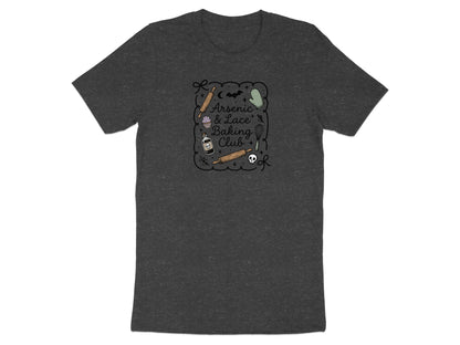 Dark grey t-shirt with "Arsenic & Lace Baking Club" and baking icons.